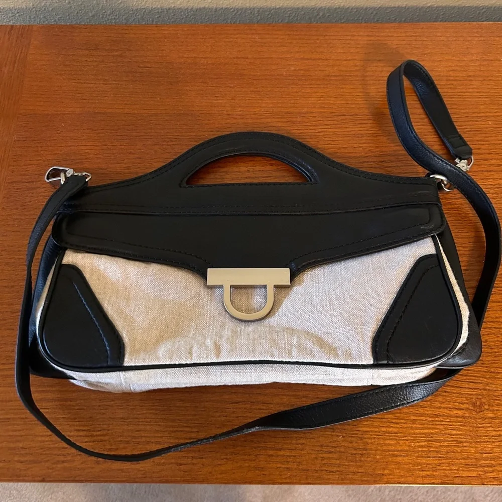 Foley & Corinna Handbag Clutch Beige Canvas Black‎ Leather Shoulder Strap Purse